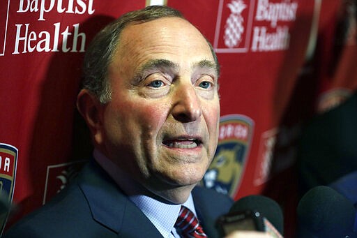 National Hockey League Commissioner Gary Bettman speaks to members of the media , Saturday, March 7, 2020, in Sunrise, Fla. (AP Photo/Wilfredo Lee)