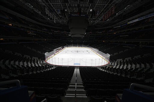 The Capital One Arena, home of the Washington Capitals NHL hockey club, sits empty Thursday, March 12, 2020, in Washington. The NHL is following the NBA&#146;s lead and suspending its season amid the coronavirus outbreak, the league announced Thursday. (AP Photo/Nick Wass)