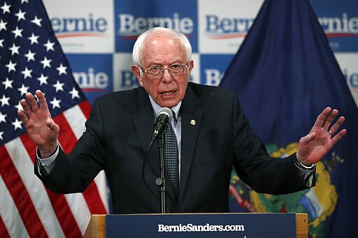 Democratic presidential candidate, Sen. Bernie Sanders, I-Vt., speaks to reporters about coronavirus Thursday March 12, 2020, in Burlington, Vt. (AP Photo/Charles Krupa)