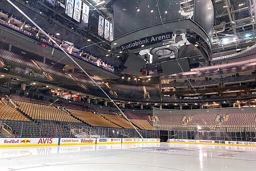 Fresh surfaced ice at Scotiabank Arena, home of the NHL hockey club Toronto Maple Leafs, is shown in Toronto, Thursday, March 12, 2020. The NHL is following the NBA&#146;s lead and suspending its season amid the coronavirus outbreak, the league announced Thursday.(Joshua Clipperton/The Canadian Press via AP)