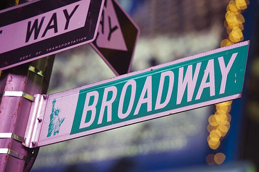 FILE - This Jan. 19, 2012 file photo shows a Broadway street in Times Square, in New York. New York Gov. Andrew Cuomo ordered all Broadway theaters to shut their doors in the face of ongoing coronavirus concerns, plunging into darkness one of the city's most popular tourist attractions and causing turmoil in the run-up to the Tony Awards. Cuomo on Thursday banned gatherings of 500 or more in the city, effectively forcing the hand of Broadway producers who had previously said that Broadway would be &#147;open for business&#148; unless advised not to by the government.&quot; For most people, the new coronavirus causes only mild or moderate symptoms. For some it can cause more severe illness. (AP Photo/Charles Sykes, file)