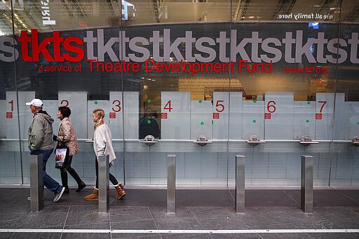 Customers are turned away from a ticket booth in Times Square, Thursday, March 12, 2020, in New York. New York City Mayor Bill de Blasio said Thursday he will announce new restrictions on gatherings to halt the spread of the new coronavirus in the coming days. For most people, the new coronavirus causes only mild or moderate symptoms. For some it can cause more severe illness. (AP Photo/John Minchillo)