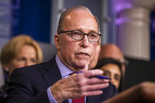 White House chief economic adviser Larry Kudlow, with members of President Donald Trump's coronavirus task force, speaks to reporters during a briefing on coronavirus in the Brady press briefing room of the White House, Tuesday, March 10, 2020 in Washington. (AP Photo/Manuel Balce Ceneta)