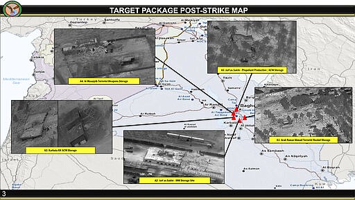 This annotated image provided by the U.S. Department of Defense, shows aerial images after U.S. airstrikes in Iraq on Friday, March 13, 2020. U.S. officials said the airstrikes' intended targets were mainly weapons facilities belonging to Kataib Hezbollah, the militia group believed to be responsible for Wednesday's attack on Camp Taji base. (U.S. Department of Defense via AP)