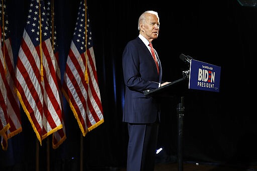 Democratic presidential candidate former Vice President Joe Biden speaks about the coronavirus Thursday, March 12, 2020, in Wilmington, Del. (AP Photo/Matt Rourke)