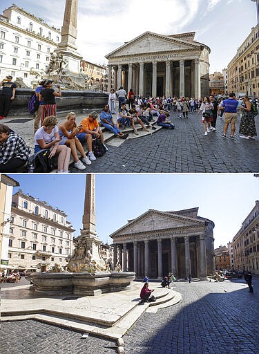 FILE - This combo of two images shows tourists sitting in front of the Pantheon, in Rome, at 13.47gmt, Friday, June 7, 2019, top and at 13.00gmt on Wednesday, March 11, 2020. Italy's grave outbreak of coronavirus has emptied landmarks of tourists and Romans. A photographic look at Rome, before virus fears spooked the public, and now contrasts crowded places like the Colosseum and the Roman Forum now devoid of visitors. (AP Photo/Gregorio Borgia, Andrew Medichini)