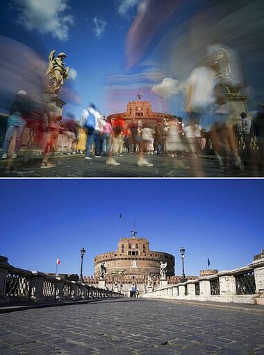 FILE - This combo of two images shows the Sant'Angelo bridge leading up to Castel Sant'Angelo, in Rome, at 8.32gmt on Tuesday, Sept. 24, 2019, top and at 13.30gmt on Wednesday, March 11, 2020. (AP Photo/Andrew Medichini)