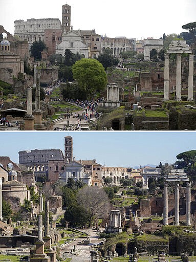 FILE - This combo of two images shows tourists visiting the ancient Roman forum and the Colosseum, in Rome at 18.23gmt on Friday, April 17, 2015, top and at 13.00gmt on Wednesday, March 11, 2020. (AP Photo/Gregorio Borgia/Andrew Medichini)