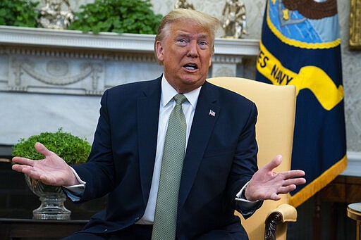 President Donald Trump speaks during a meeting with Irish Prime Minister Leo Varadkar in the Oval Office of the White House, Thursday, March 12, 2020, in Washington. (AP Photo/Evan Vucci)