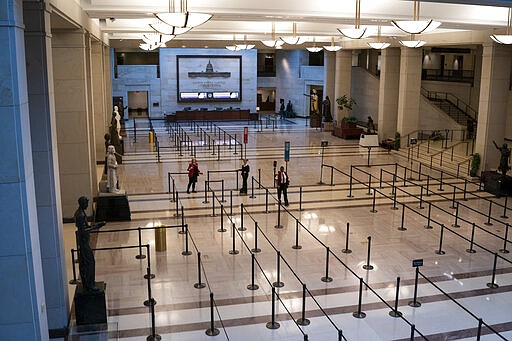 Queues are prepared for tourists at the Capitol Visitor Center amid reports that organized visits may be shut down soon, in Washington, Thursday, March 12, 2020. (AP Photo/J. Scott Applewhite)