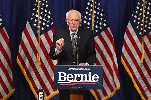 Democratic presidential candidate, Sen. Bernie Sanders, I-Vt., speaks to reporters on Wednesday, March 11, 2020, in Burlington, Vt. (AP Photo/Charles Krupa)