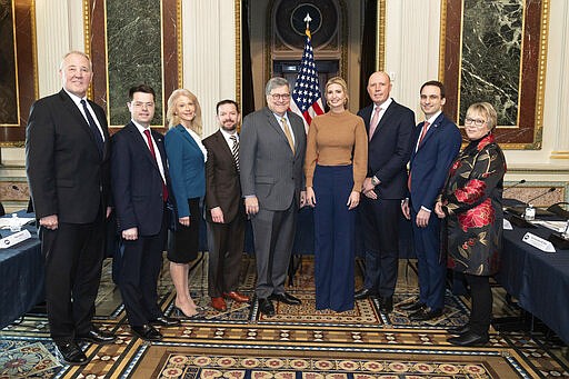 In this image provided by the White House, from left, Canadian Minister of Public Safety and Emergency Preparedness Bill Blair,  U.K. Secretary of State for Housing, Communities and Local Government James Brokenshire, White House counselor Kellyanne Conway,  Assistant to the President and Director of the Domestic Policy Council Joe Grogan, Attorney General William Barr, White House Senior Advisor Ivanka Trump, Australian Home Affairs Minister Peter Dutton, unidentified, and Tracey Martin, New Zealand Internal Affairs and Children&#146;s Minister, participate in a meeting with victims of child sexual exploitation Thursday, March 5, 2020, in the Indian Treaty Room in the Eisenhower Executive Office Building on the White House complex in Washington. (Andrea Hanks/The White House via AP)