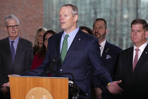 Massachusetts Gov. Charlie Baker, center, speaks during a news conference outside Boston City Hall in front of Mayor Marty Walsh, right, and CEO of the Boston Athletic Association Thomas Grilk, left, Friday, March, 13, 2020, in Boston, where it was announced that the Boston Marathon, which was due to be run on April 20, will be postponed until Monday, Sept.14, 2020, due to concerns about the coronavirus. For most people, the new coronavirus causes only mild or moderate symptoms, such as fever and cough. For some, especially older adults and people with existing health problems, it can cause more severe illness, including pneumonia. The vast majority of people recover from the new virus. (AP Photo/Michael Dwyer)