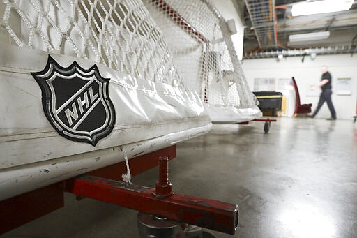 Goals used by the NHL hockey club Nashville Predators are stored in a hallway in Bridgestone Arena, Thursday, March 12, 2020, in Nashville, Tenn. The NHL announced Thursday it is suspending its season indefinitely in response to the coronavirus. (AP Photo/Mark Humphrey)