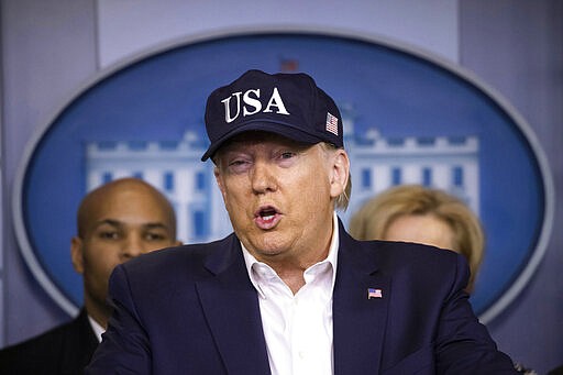 President Donald Trump speaks during a news conference about the coronavirus in the James Brady Briefing Room at the White House, Saturday, March 14, 2020, in Washington. (AP Photo/Alex Brandon)