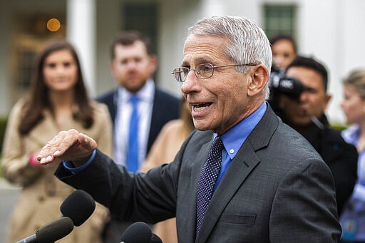 Director of the National Institute of Allergy and Infectious Diseases at the National Institutes of Health Dr. Anthony Fauci talks to reporters on the North Lawn outside the West Wing at the White House, Thursday, March 12, 2020, in Washington. (AP Photo/Manuel Balce Ceneta)