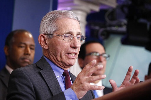 Dr. Anthony Fauci, director of the National Institute of Allergy and Infectious Diseases, speaks during a briefing on coronavirus in the Brady press briefing room at the White House, Saturday, March 14, 2020, in Washington. (AP Photo/Alex Brandon)