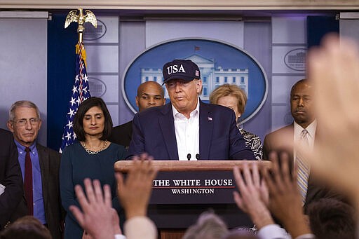 President Donald Trump speaks during a news conference about the coronavirus in the James Brady Briefing Room at the White House, Saturday, March 14, 2020, in Washington. (AP Photo/Alex Brandon)