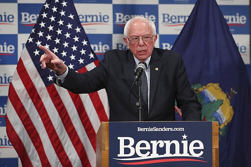 Democratic presidential candidate, Sen. Bernie Sanders, I-Vt., speaks to reporters about coronavirus Thursday March 12, 2020, in Burlington, Vt. (AP Photo/Charles Krupa)