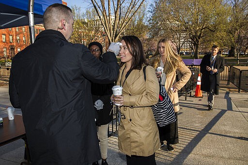 Journalists and White House staff's body temperature are checked by White House medical staff before they enter the White House perimeter, Monday, March 16, 2020, in Washington. (AP Photo/Manuel Balce Ceneta)