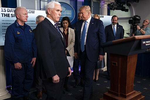 President Donald Trump walks off after speaking during a press briefing with the coronavirus task force, at the White House, Monday, March 16, 2020, in Washington. (AP Photo/Evan Vucci)