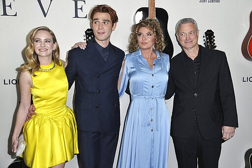 Britt Robertson, from left, KJ Apa, Shania Twain and Gary Sinise attend the LA premiere of &quot;I Still Believe&quot; at ArcLight Hollywood on Saturday, March 7, 2020, in Los Angeles. (Photo by Richard Shotwell/Invision/AP)