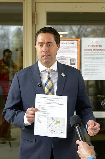 Ohio Secretary of State Frank LaRose speaks during a press conference at the Ohio Eastern Star Home in Mount Vernon on Thursday, March 12, 2020. LaRose praised local election boards for moving a polling location quickly as coronavirus cases increased in Ohio. (Joshua Morrison/Mount Vernon News via AP)