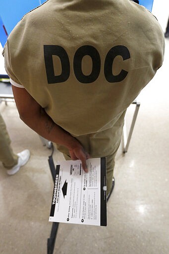 In this Saturday, March 14, 2020, photo, a Cook County jail inmate participates in early voting for the March 17, Illinois primary at the jail in Chicago. (AP Photo/Charles Rex Arbogast)