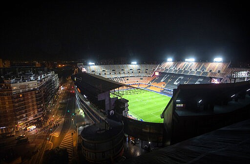 General view of Mestalla stadium during the Champions League round of 16 second leg soccer match between Valencia and Atalanta in Valencia, Spain, March 10, 2020. (AP Photo/Emilio Morenatti)