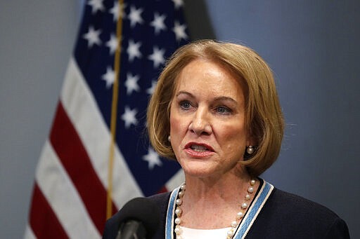 Seattle Mayor Jenny Durkan speaks at a news conference about the coronavirus outbreak Monday, March 16, 2020, in Seattle. Gov. Jay Inslee ordered all bars, restaurants, entertainment and recreation facilities to temporarily close to fight the spread of COVID-19 in the state with by far the most deaths in the U.S. from the disease. (AP Photo/Elaine Thompson, Pool)