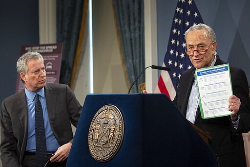 New York City Mayor Bill de Blasio, left, listens as Senate Minority Leader Sen. Chuck Schumer of N.Y., speaks during a news conference, Saturday, March 14, 2020, in New York. New York state reported its first death in the coronavirus pandemic, an 82-year-old woman who had advanced emphysema, authorities said Saturday. The virus causes only mild or moderate symptoms such as fever and cough for most people. For some, especially older adults and people with existing health problems, it can cause more severe illness, including pneumonia. (AP Photo/Mary Altaffer)