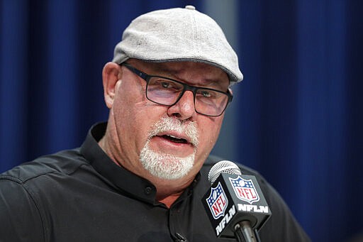 Tampa Bay Buccaneers head coach Bruce Arians speaks during a press conference at the NFL football scouting combine in Indianapolis, Tuesday, Feb. 25, 2020. (AP Photo/Michael Conroy)