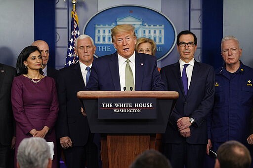 President Donald Trump speaks during a press briefing with the coronavirus task force, at the White House, Tuesday, March 17, 2020, in Washington. (AP Photo/Evan Vucci)