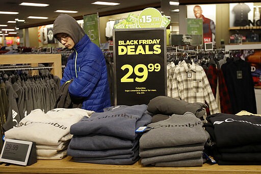 FILE- In this Nov. 29, 2019, file photo customers shop at a Kohl's store in Colma, Calif. Retail sales fell 0.5% in February 2020 indicating the consumer sector was slowing even before the coronavirus struck with force in the United States. The Commerce Department reported Tuesday, March 17, 2020 that the February drop in sales followed a solid 0.6% gain in January.  (AP Photo/Jeff Chiu, File)