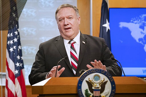 Secretary of State Mike Pompeo speaks during a news conference at the State Department, Tuesday, March 17, 2020, in Washington. (AP Photo/Manuel Balce Ceneta)