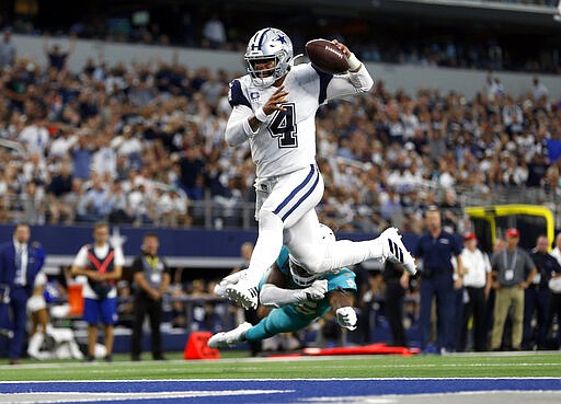 FILE - In this Sept. 22, 2019, file photo, Dallas Cowboys quarterback Dak Prescott (4) gets past Miami Dolphins defensive back Walt Aikens (35) and into the end zone for a touchdown in the second half of an NFL football game in Arlington, Texas. The Dallas Cowboys have placed their exclusive franchise tag on star quarterback Dak Prescott. The move secures the rights to Prescott for an estimated $31.5 million while the Cowboys and Prescott's representatives keep working on a long-term deal. (AP Photo/Ron Jenkins, Fle)