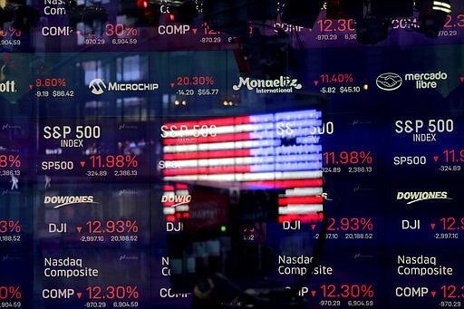 A United States flag is reflected in the window of the Nasdaq studio, which displays indices and stocks down, in Times Square, New York, Monday, March 16, 2020. (AP Photo/Seth Wenig)