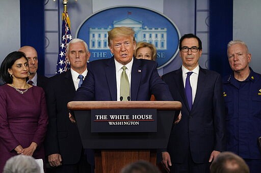 President Donald Trump speaks during a press briefing with the coronavirus task force, at the White House, Tuesday, March 17, 2020, in Washington. (AP Photo/Evan Vucci)