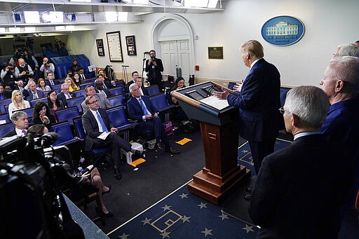 President Donald Trump speaks during a press briefing with the coronavirus task force, at the White House, Tuesday, March 17, 2020, in Washington. (AP Photo/Evan Vucci)