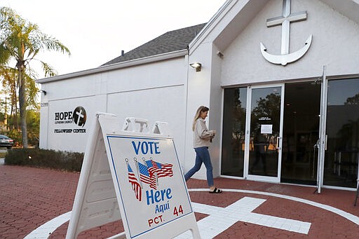 A voter walks into a polling station for the Florida presidential primary, Tuesday, March 17, 2020, in Bonita Springs, Fla. Floridians are voting across the state as election officials manage losses of poll workers and changes to polling places because of the coronavirus. There had been concern some polling places might not open on time Tuesday because of worker absences, but no problems have been reported. (AP Photo/Elise Amendola)