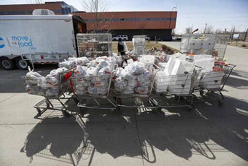 In this Tuesday, March 17, 2020, photo carts of food sit lined up ready to be loaded on a delivery truck at the Des Moines Area Religious Council food pantry in Des Moines, Iowa.  With the new coronavirus leaving many people at least temporarily out of work, food banks and pantries across the U.S. are scrambling to meet an expected surge in demand, even as older volunteers have been told to stay home and calls for social distancing have complicated efforts to package and distribute food. (AP Photo/Charlie Neibergall)