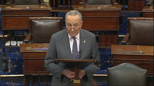 In this image from video, Sen. Chuck Schumer, D-N.Y., speaks on the Senate floor at the U.S. Capitol in Washington, Wednesday, March 18, 2020. (Senate Television via AP)