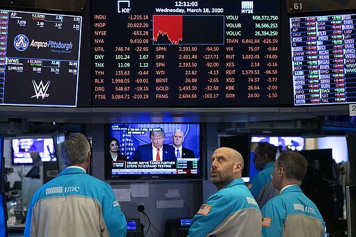 Traders at the New York Stock Exchange watch President Donald Trump's televised White House news conference, Wednesday, March 18, 2020 in New York. (AP Photo/Mark Lennihan)