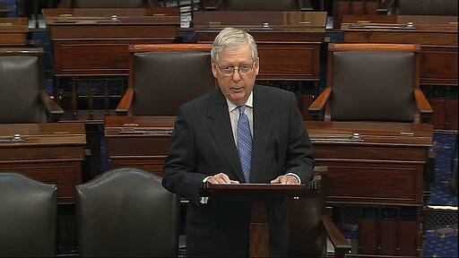 In this image from video, Senate Majority Leader Mitch McConnell, R-Ky., speaks on the Senate floor at the U.S. Capitol in Washington, Wednesday, March 18, 2020. (Senate Television via AP)