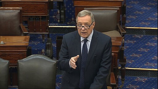 In this image from video, Sen. Dick Durbin, D-Ill., speaks on the Senate floor at the U.S. Capitol in Washington, Wednesday, March 18, 2020. (Senate Television via AP)