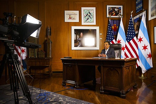 FILE - In this March 19, 2020, file photo, Mayor Lori Lightfoot speaks at City Hall in Chicago. Cook County Sheriff Tom Dart announced that he was delaying enforcement of all eviction orders until April 30. During a televised address, Chicago Mayor Lori Lightfoot asked property owners to &quot;show grace&quot; with tenants. &quot;No one needs the added stress of evictions, certainly not now,&quot; she said. (Armando L. Sanchez/Chicago Tribune via AP, File)