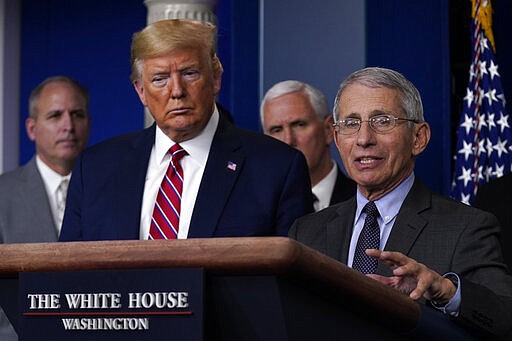 President Donald Trump listens as Director of the National Institute of Allergy and Infectious Diseases Dr. Anthony Fauci speaks during a coronavirus task force briefing at the White House, Friday, March 20, 2020, in Washington. (AP Photo/Evan Vucci)