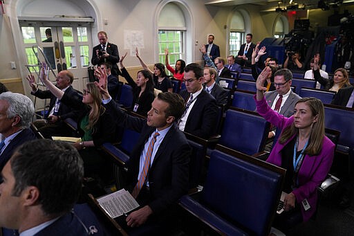 Members of the media ask questions during a coronavirus task force briefing at the White House, Friday, March 20, 2020, in Washington. (AP Photo/Evan Vucci)