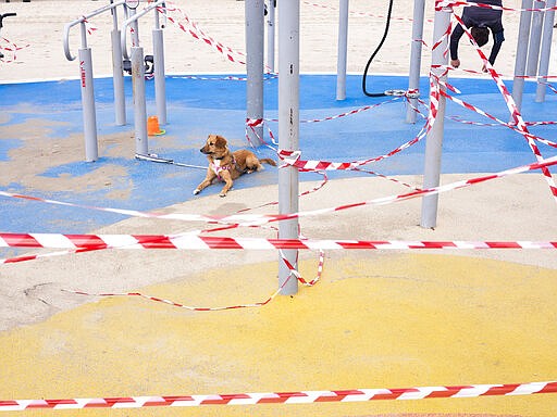 This Friday, March 20, 2020 photo shows a free gym at Tel Aviv's beachfront wrapped in tape to prevent public access. Israel has reported a steady increase in confirmed cases despite imposing strict travel bans and quarantine measures more than two weeks ago. Authorities recently ordered the closure of all non-essential businesses and encouraged people to work from home. (AP Photo/Oded Balilty)