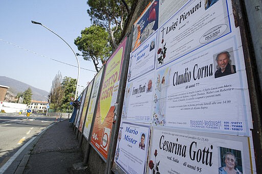 FILE - In this Tuesday, March 17, 2020 filer, death notices are seen on a board along an empty road in Alzano Lombardo, near Bergamo, the heart of the hardest-hit province in Italy&#146;s hardest-hit region of Lombardy, Italy, Tuesday, March 17, 2020. For most people, the new coronavirus causes only mild or moderate symptoms. For some it can cause more severe illness, especially in older adults and people with existing health problems. (AP Photo/Luca Bruno, File)